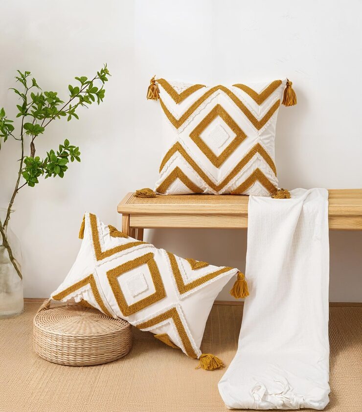 Cushions Covers Cozy Mustard Yellow White Tufted Throw Pillows Tassels by Orient Uniforms for customers in Dubai, Abu Dhabi, Sharjah, Ajman and across the UAE